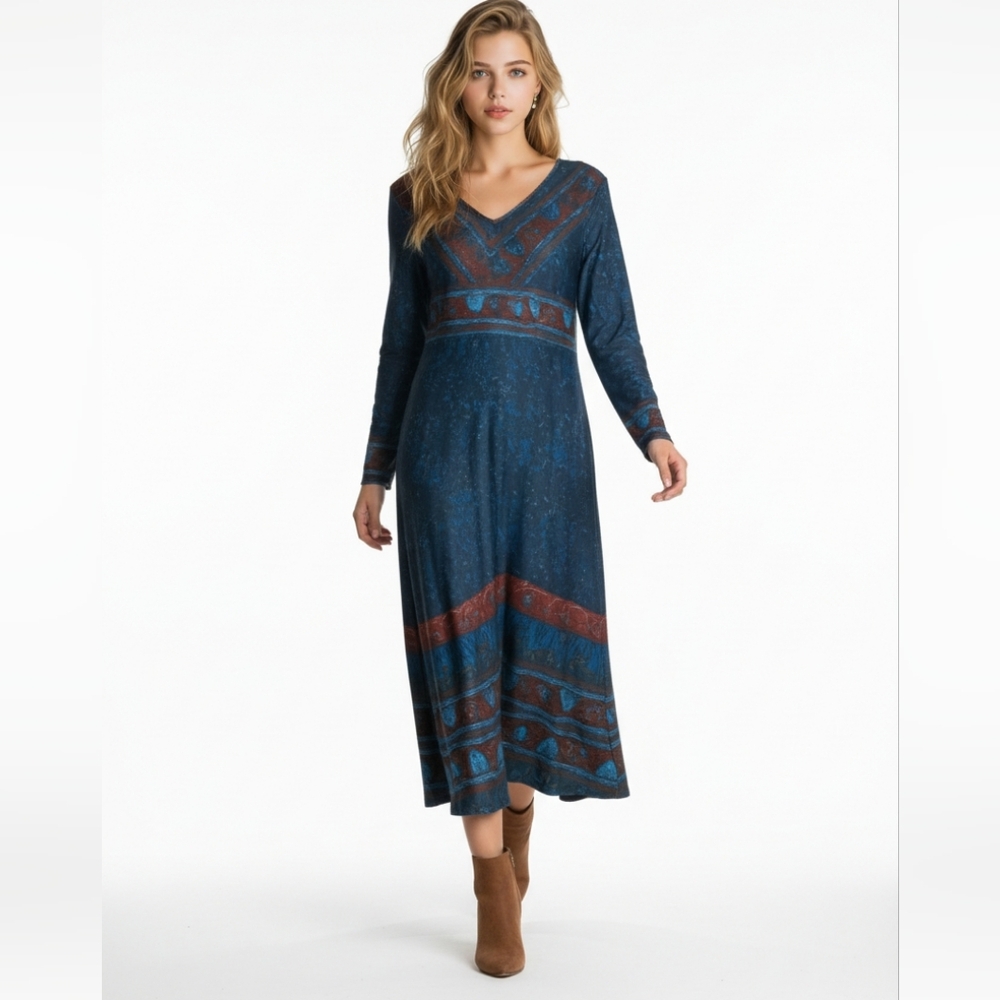 Elegant Blue and Copper Long Sleeve Maxi Dress Large NWOT XL